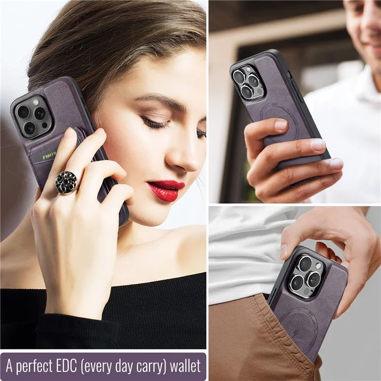 FIERRE SHANN 025 Style Pour iPhone 15 Pro Étui Pochettes Magnétiques en Cuir Revêtu de TPU - Violet
