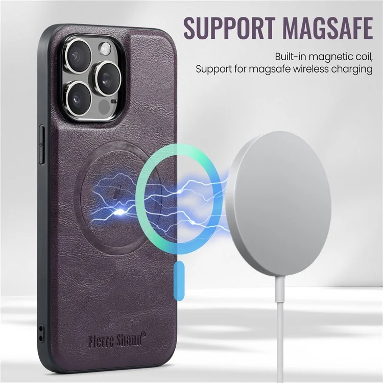 FIERRE SHANN 025 Style Pour iPhone 15 Pro Étui Pochettes Magnétiques en Cuir Revêtu de TPU - Violet