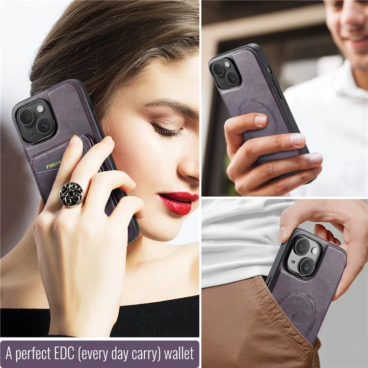FIERRE SHANN 025 Style For iPhone 15 Plus Étui avec Porte-Cartes Détachable Support à Béquille Cuir+TPU Housse de Téléphone - Violet