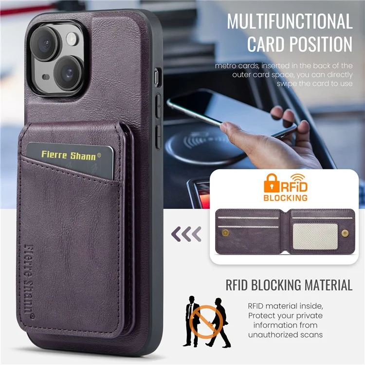 FIERRE SHANN 025 Style For iPhone 15 Plus Étui avec Porte-Cartes Détachable Support à Béquille Cuir+TPU Housse de Téléphone - Violet