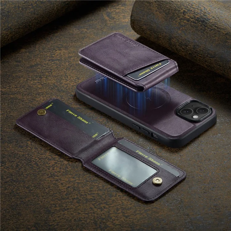 FIERRE SHANN 025 Style For iPhone 15 Plus Étui avec Porte-Cartes Détachable Support à Béquille Cuir+TPU Housse de Téléphone - Violet