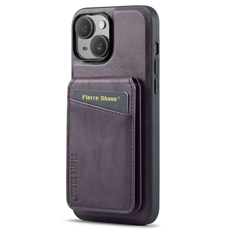 FIERRE SHANN 025 Style For iPhone 15 Plus Étui avec Porte-Cartes Détachable Support à Béquille Cuir+TPU Housse de Téléphone - Violet