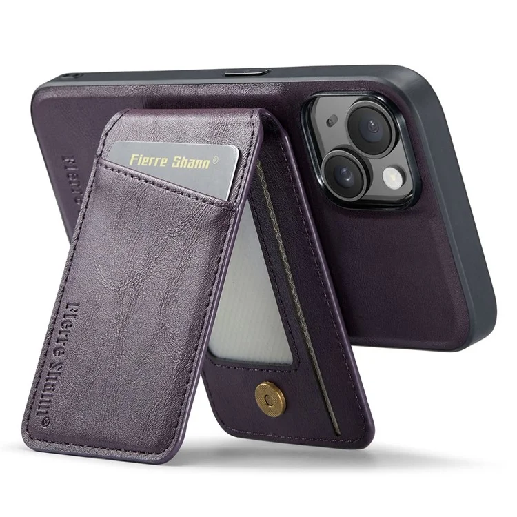 FIERRE SHANN 025 Style For iPhone 15 Plus Étui avec Porte-Cartes Détachable Support à Béquille Cuir+TPU Housse de Téléphone - Violet