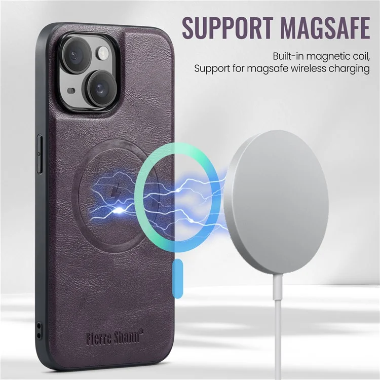 FIERRE SHANN 025 Style For iPhone 15 Plus Étui avec Porte-Cartes Détachable Support à Béquille Cuir+TPU Housse de Téléphone - Violet