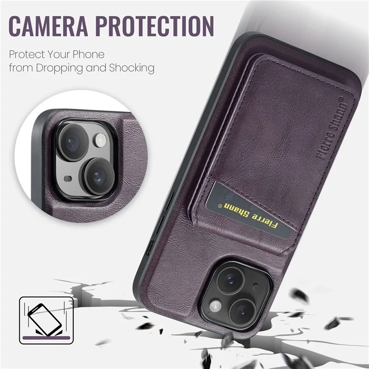 FIERRE SHANN 025 Style For iPhone 15 Plus Étui avec Porte-Cartes Détachable Support à Béquille Cuir+TPU Housse de Téléphone - Violet
