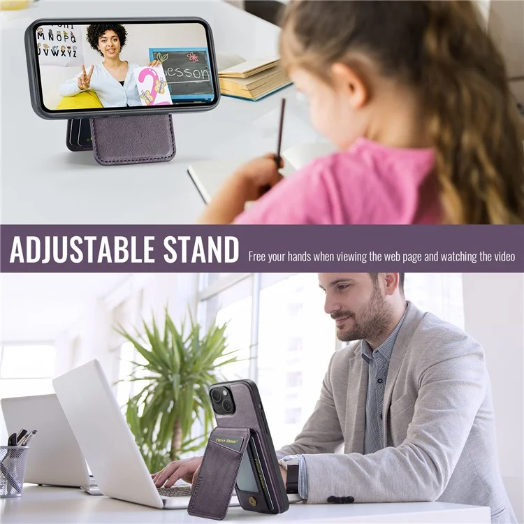 FIERRE SHANN 025 Style For iPhone 15 Plus Étui avec Porte-Cartes Détachable Support à Béquille Cuir+TPU Housse de Téléphone - Violet