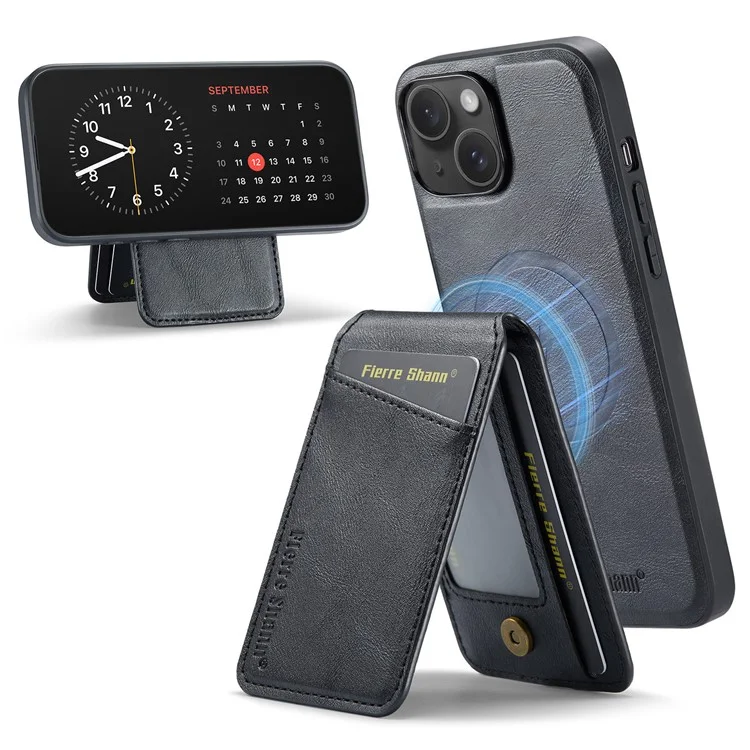 FIERRE SHANN 025 Style For iPhone 14 Plus Case Kickstand Card Slots Leather Back Phone Cover - Black