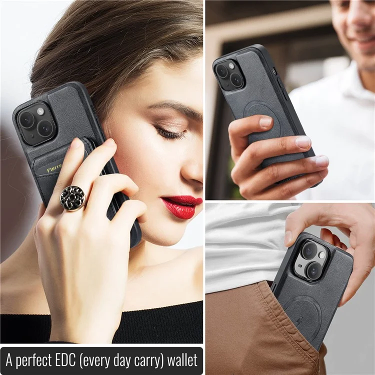 FIERRE SHANN 025 Style For iPhone 14 Plus Case Kickstand Card Slots Leather Back Phone Cover - Black