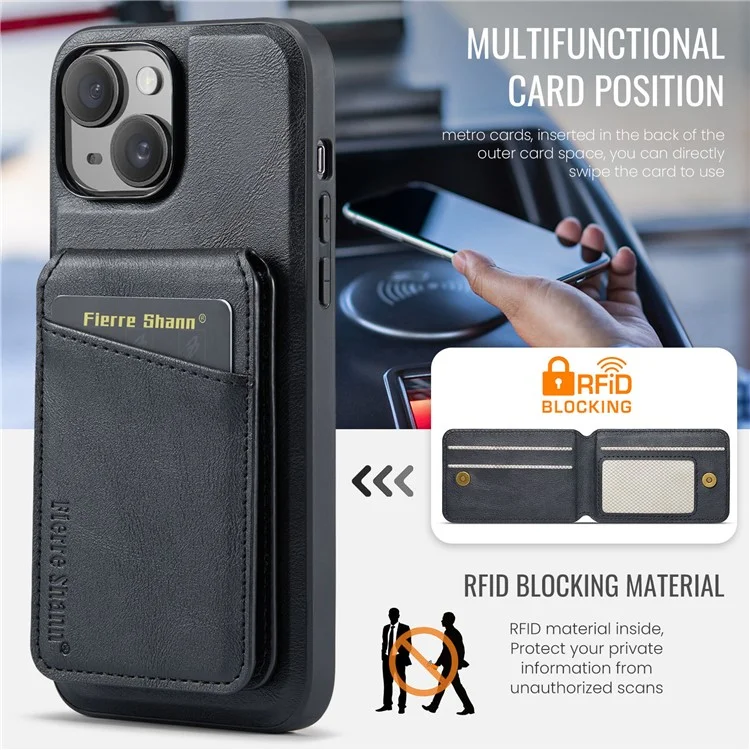 FIERRE SHANN 025 Style For iPhone 14 Plus Case Kickstand Card Slots Leather Back Phone Cover - Black