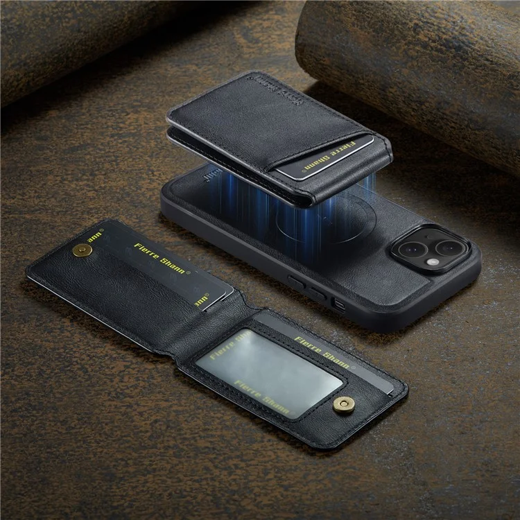 FIERRE SHANN 025 Style For iPhone 14 Plus Case Kickstand Card Slots Leather Back Phone Cover - Black