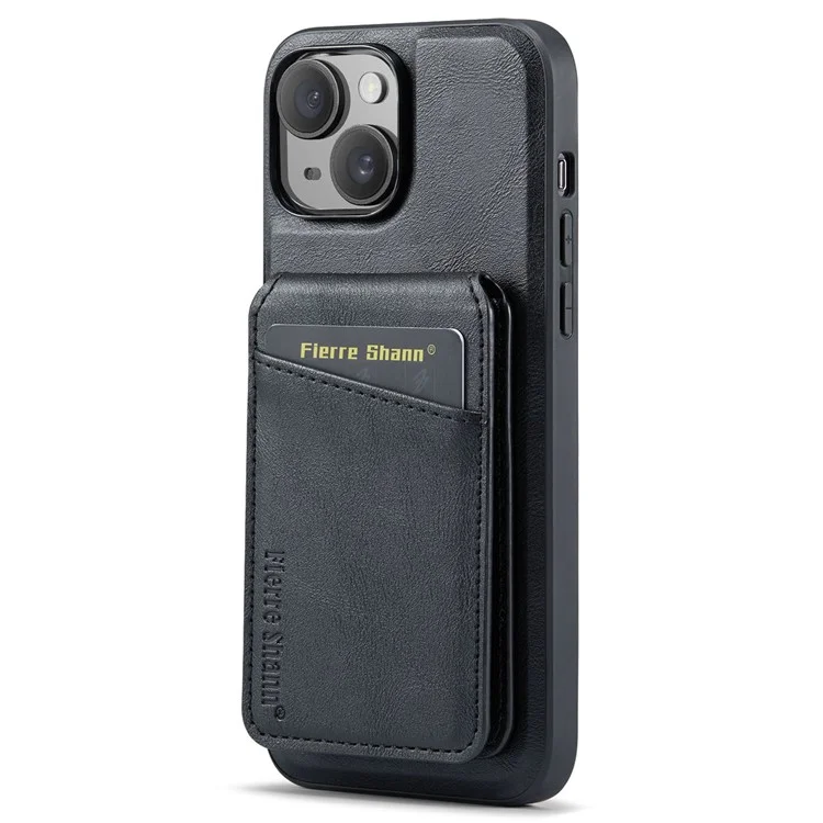 FIERRE SHANN 025 Style For iPhone 14 Plus Case Kickstand Card Slots Leather Back Phone Cover - Black