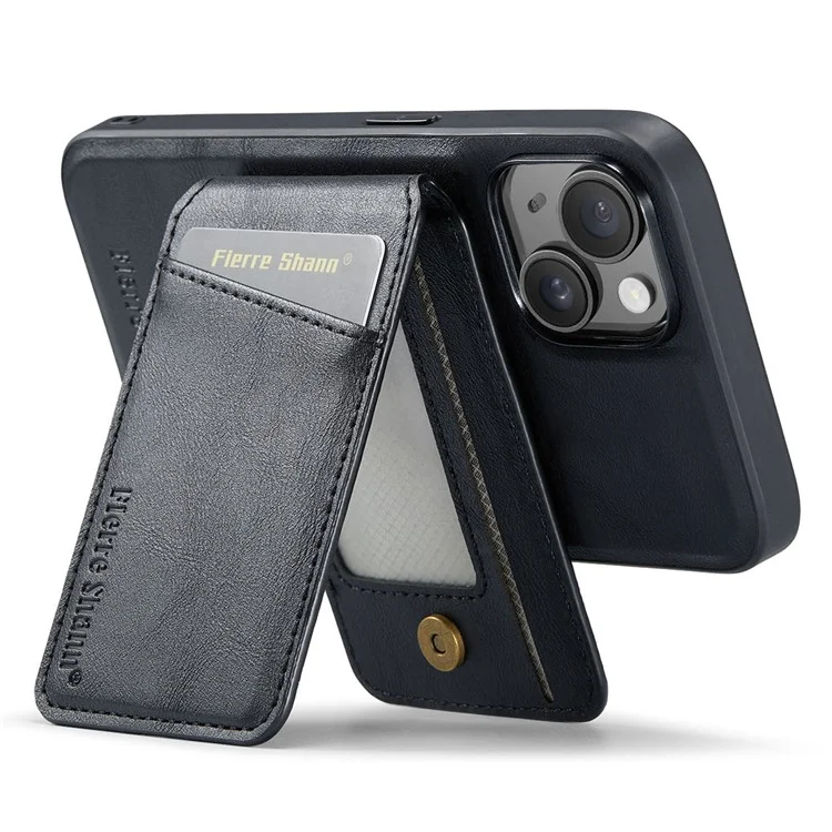 FIERRE SHANN 025 Style For iPhone 14 Plus Case Kickstand Card Slots Leather Back Phone Cover - Black