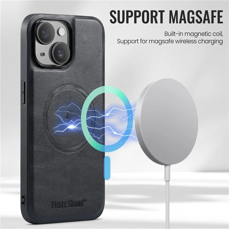 FIERRE SHANN 025 Style For iPhone 14 Plus Case Kickstand Card Slots Leather Back Phone Cover - Black