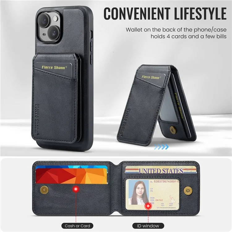 FIERRE SHANN 025 Style For iPhone 14 Plus Case Kickstand Card Slots Leather Back Phone Cover - Black