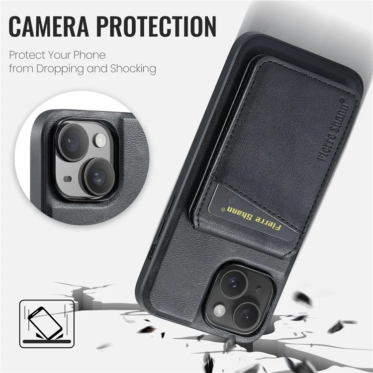 FIERRE SHANN 025 Style For iPhone 14 Plus Case Kickstand Card Slots Leather Back Phone Cover - Black