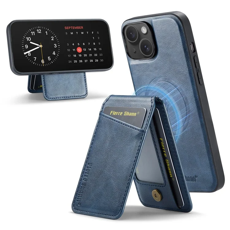 FIERRE SHANN 025 Style Pour Coque iPhone 15 Support Kickstand PU+TPU Housse de Téléphone avec Porte-Carte - Bleu