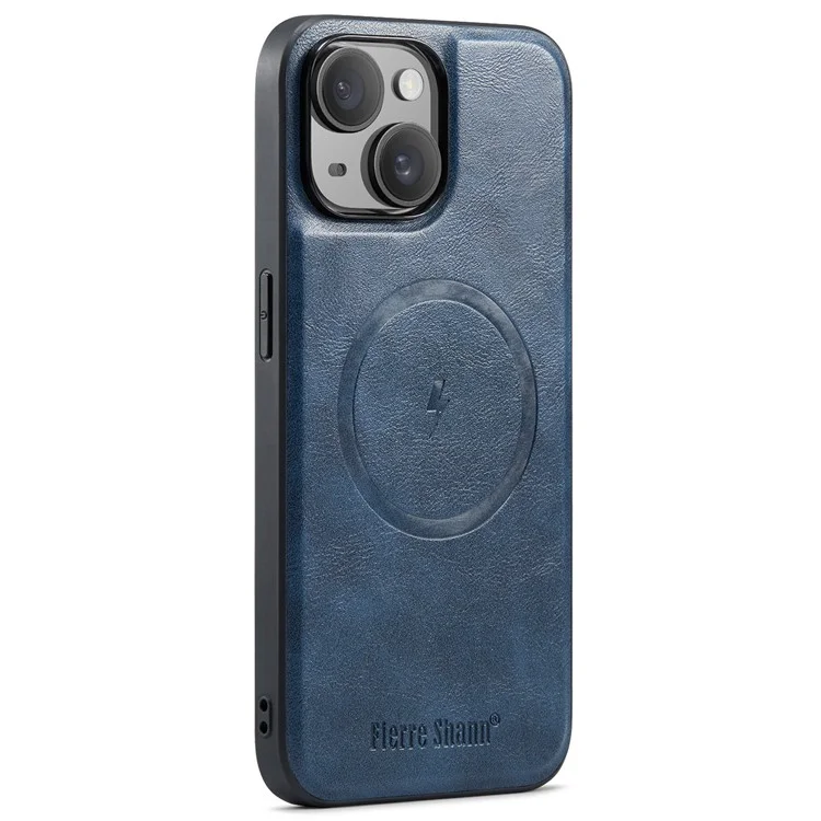FIERRE SHANN 025 Style Pour Coque iPhone 15 Support Kickstand PU+TPU Housse de Téléphone avec Porte-Carte - Bleu