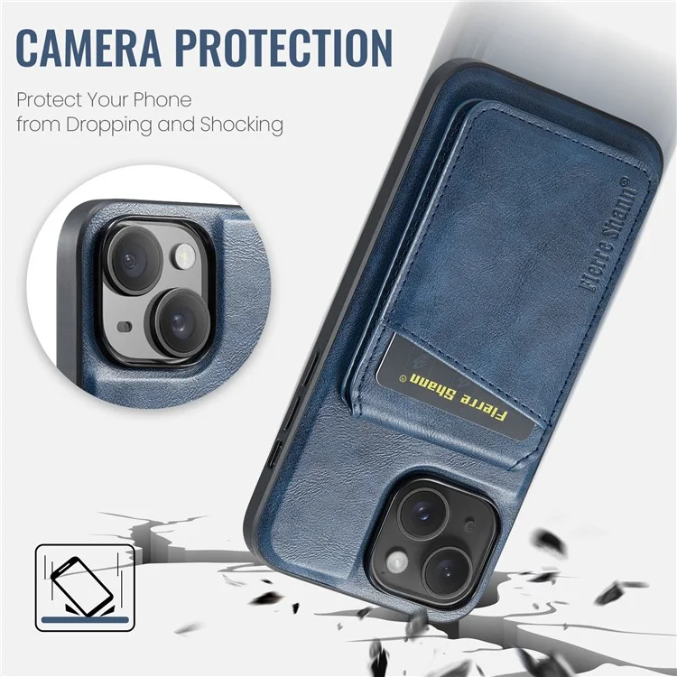 FIERRE SHANN 025 Style Pour Coque iPhone 15 Support Kickstand PU+TPU Housse de Téléphone avec Porte-Carte - Bleu