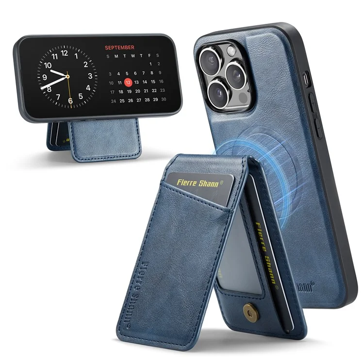 FIERRE SHANN 025 Style For iPhone 14 Pro Case Leather 2 in 1 Détachable Back Cover - Bleu