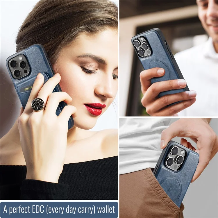 FIERRE SHANN 025 Style For iPhone 14 Pro Case Leather 2 in 1 Détachable Back Cover - Bleu