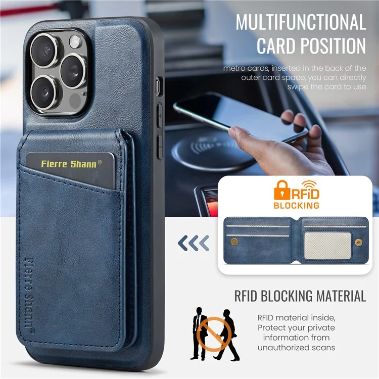 FIERRE SHANN 025 Style For iPhone 14 Pro Case Leather 2 in 1 Détachable Back Cover - Bleu