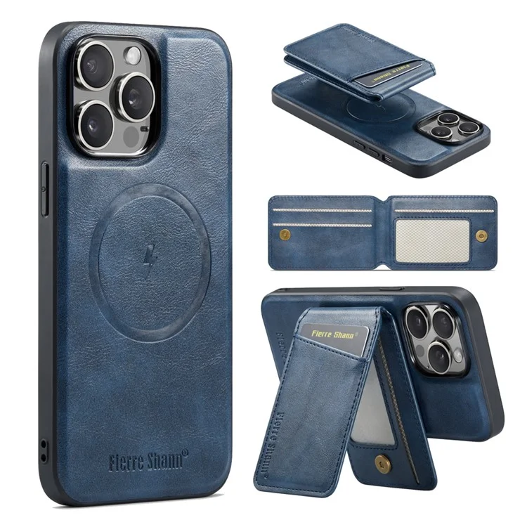 FIERRE SHANN 025 Style For iPhone 14 Pro Case Leather 2 in 1 Détachable Back Cover - Bleu