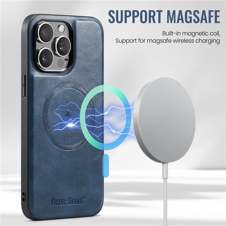 FIERRE SHANN 025 Style For iPhone 14 Pro Case Leather 2 in 1 Détachable Back Cover - Bleu