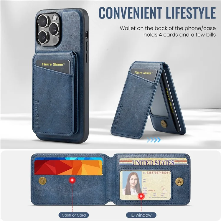 FIERRE SHANN 025 Style For iPhone 14 Pro Case Leather 2 in 1 Détachable Back Cover - Bleu