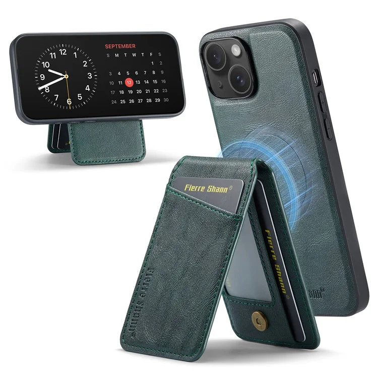 FIERRE SHANN 025 Style For iPhone 14 Case Leather+TPU Kickstand Phone Cover Detachable 2-in-1 - Verde
