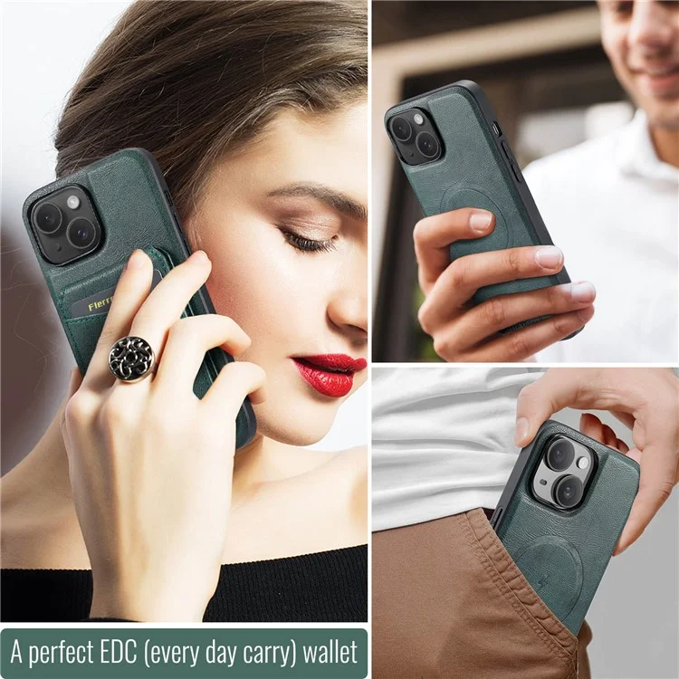 FIERRE SHANN 025 Style For iPhone 14 Case Leather+TPU Kickstand Phone Cover Detachable 2-in-1 - Verde
