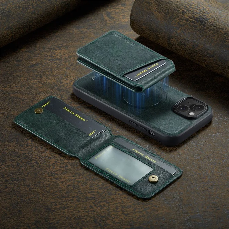 FIERRE SHANN 025 Style For iPhone 14 Case Leather+TPU Kickstand Phone Cover Detachable 2-in-1 - Verde