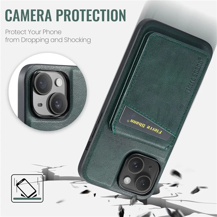 FIERRE SHANN 025 Style For iPhone 14 Case Leather+TPU Kickstand Phone Cover Detachable 2-in-1 - Verde