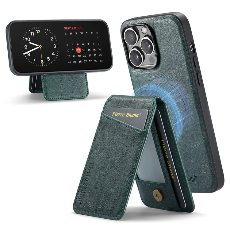 FIERRE SHANN 025 Style For iPhone 13 Pro Max Case Card Holder PU+TPU Phone Cover with Kickstand - Verde