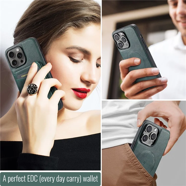 FIERRE SHANN 025 Style For iPhone 13 Pro Max Case Card Holder PU+TPU Phone Cover with Kickstand - Verde
