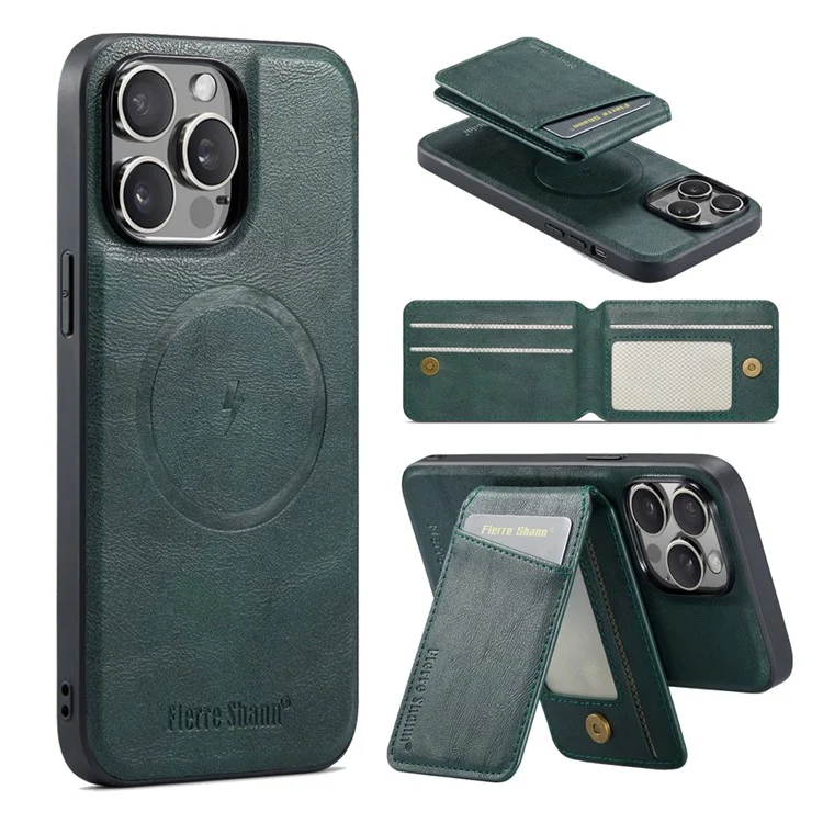FIERRE SHANN 025 Style For iPhone 13 Pro Max Case Card Holder PU+TPU Phone Cover with Kickstand - Verde
