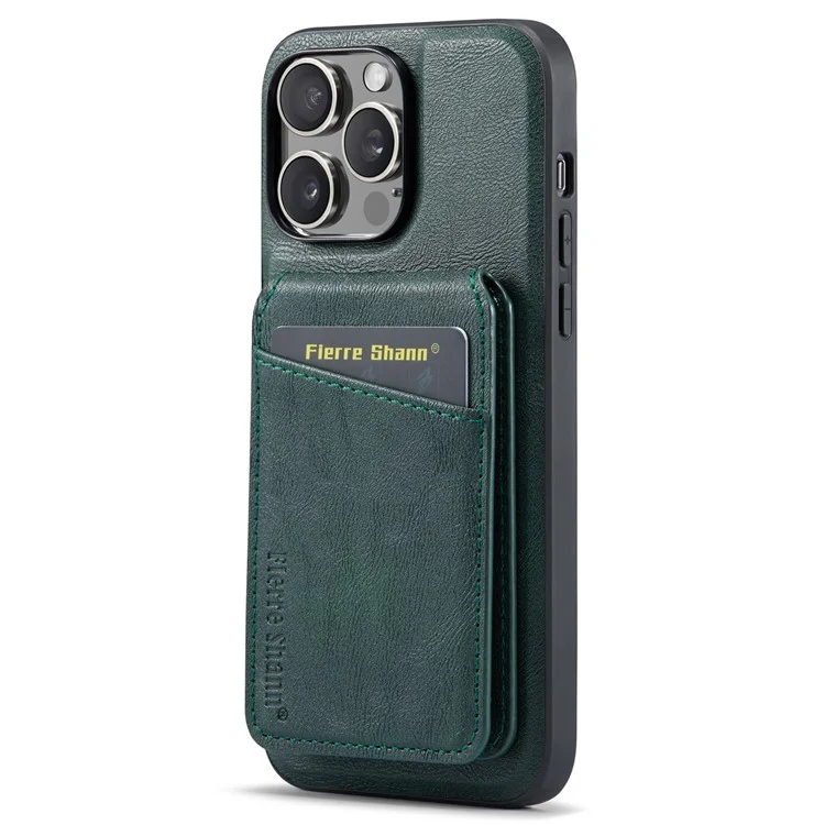FIERRE SHANN 025 Style For iPhone 13 Pro Max Case Card Holder PU+TPU Phone Cover with Kickstand - Verde