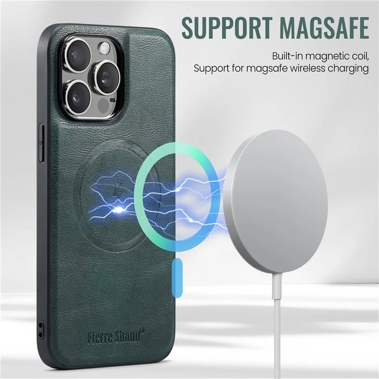 FIERRE SHANN 025 Style For iPhone 13 Pro Max Case Card Holder PU+TPU Phone Cover with Kickstand - Verde