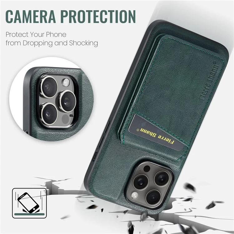 FIERRE SHANN 025 Style For iPhone 13 Pro Max Case Card Holder PU+TPU Phone Cover with Kickstand - Verde