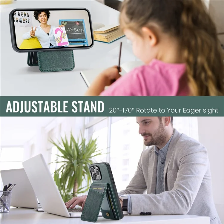 FIERRE SHANN 025 Style For iPhone 13 Pro Max Case Card Holder PU+TPU Phone Cover with Kickstand - Verde