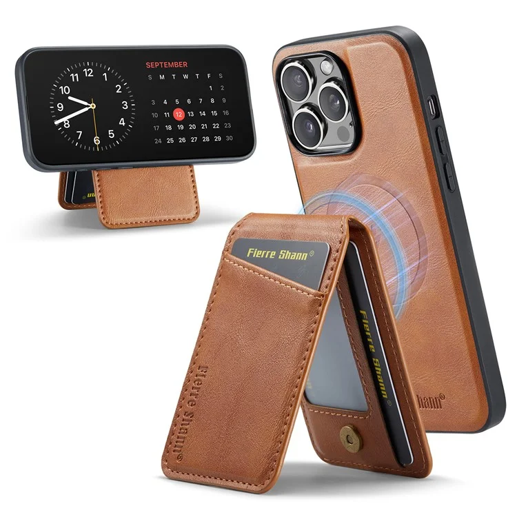 FIERRE SHANN 025 Стиль для iPhone 13 Pro Case PU+TPU Чехол для телефона с подставкой и отделением для карт - Коричневый