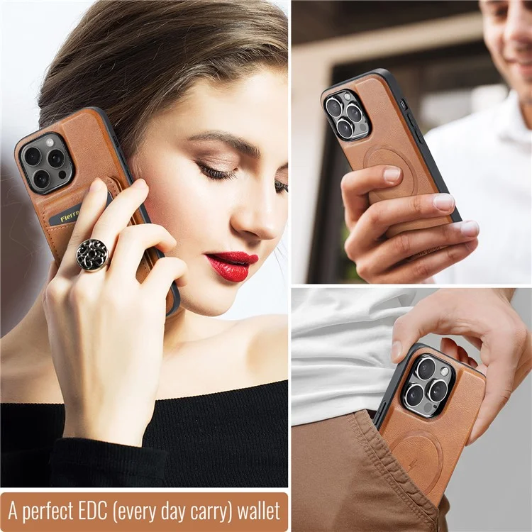 FIERRE SHANN 025 Стиль для iPhone 13 Pro Case PU+TPU Чехол для телефона с подставкой и отделением для карт - Коричневый