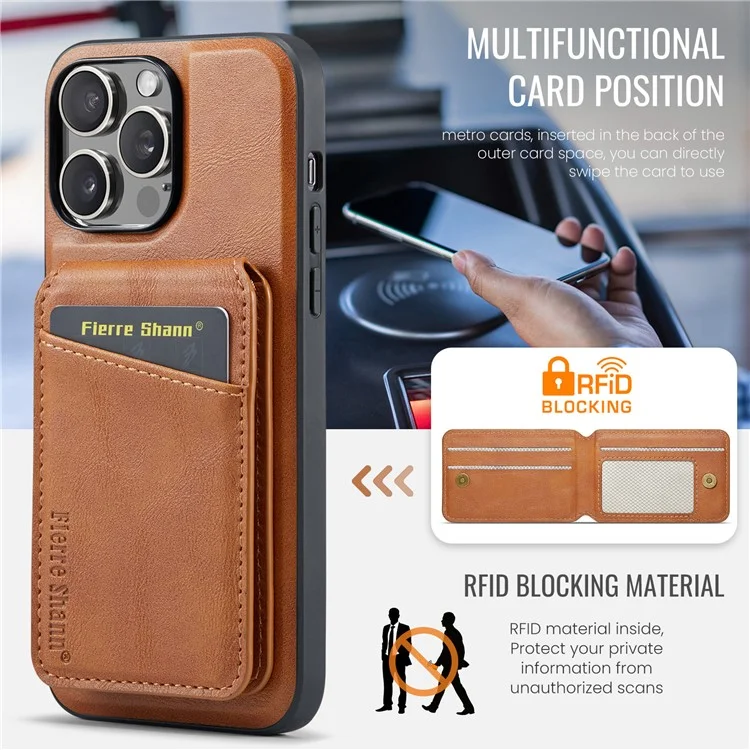 FIERRE SHANN 025 Стиль для iPhone 13 Pro Case PU+TPU Чехол для телефона с подставкой и отделением для карт - Коричневый