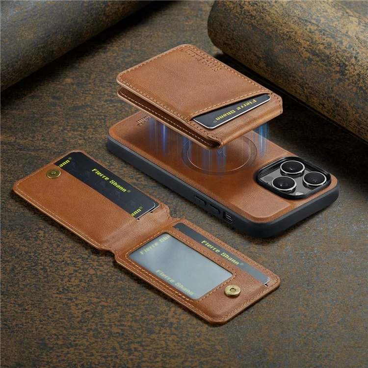 FIERRE SHANN 025 Стиль для iPhone 13 Pro Case PU+TPU Чехол для телефона с подставкой и отделением для карт - Коричневый