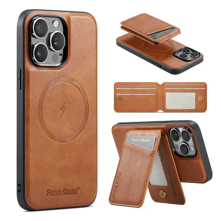 FIERRE SHANN 025 Стиль для iPhone 13 Pro Case PU+TPU Чехол для телефона с подставкой и отделением для карт - Коричневый