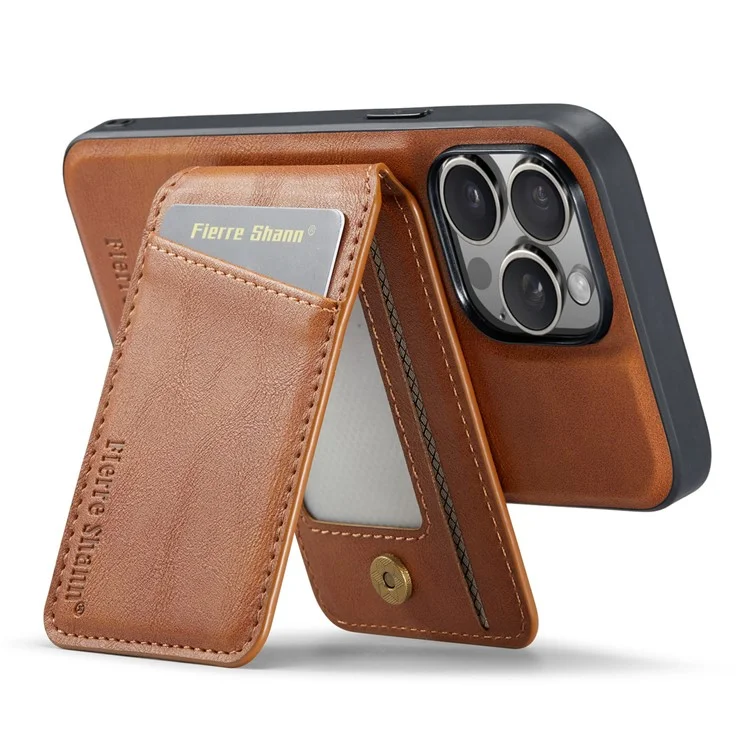 FIERRE SHANN 025 Стиль для iPhone 13 Pro Case PU+TPU Чехол для телефона с подставкой и отделением для карт - Коричневый