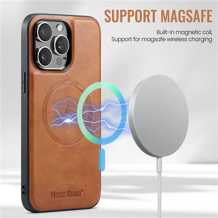 FIERRE SHANN 025 Стиль для iPhone 13 Pro Case PU+TPU Чехол для телефона с подставкой и отделением для карт - Коричневый