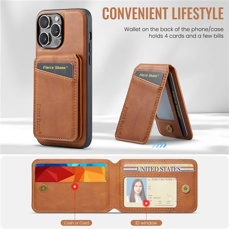 FIERRE SHANN 025 Стиль для iPhone 13 Pro Case PU+TPU Чехол для телефона с подставкой и отделением для карт - Коричневый