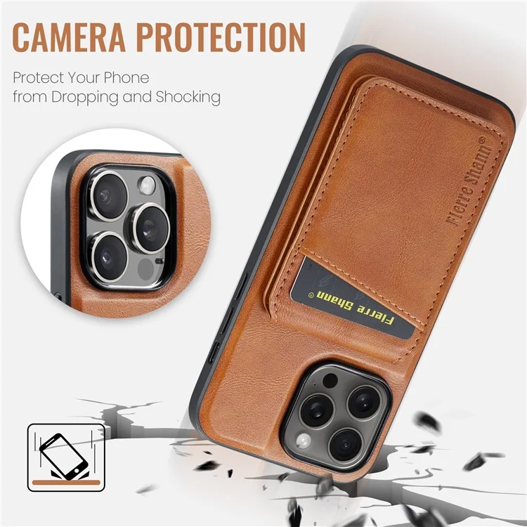 FIERRE SHANN 025 Стиль для iPhone 13 Pro Case PU+TPU Чехол для телефона с подставкой и отделением для карт - Коричневый