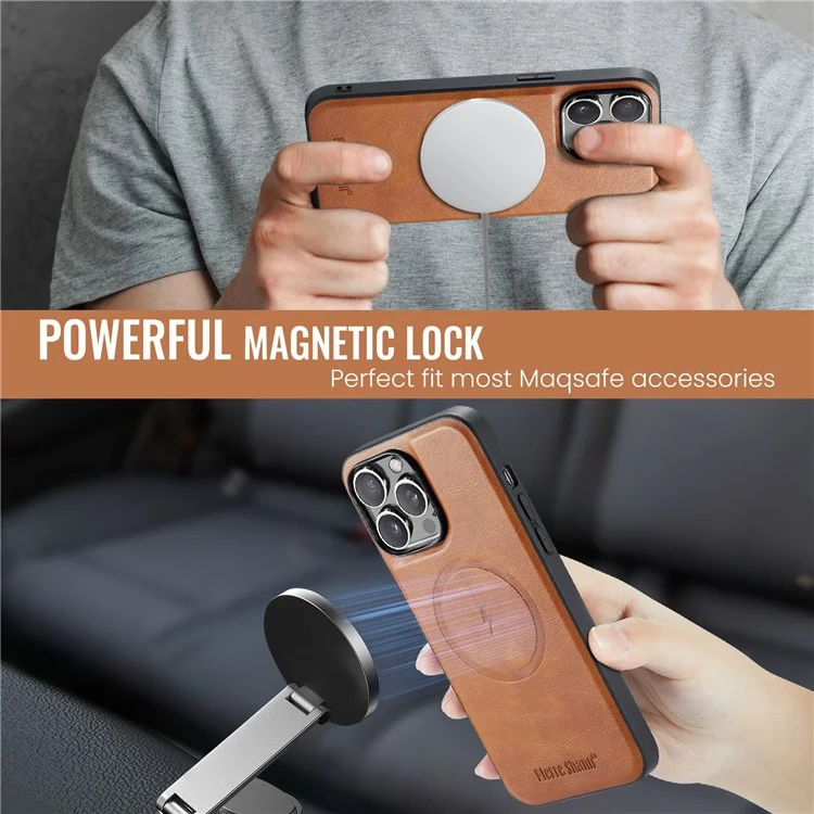 FIERRE SHANN 025 Стиль для iPhone 13 Pro Case PU+TPU Чехол для телефона с подставкой и отделением для карт - Коричневый