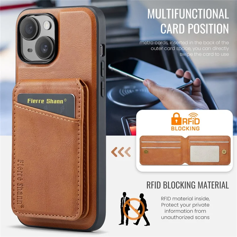 FIERRE SHANN 025 Style For iPhone 13 Detachable Case Leather+TPU Phone Cover RFID Blocking - Brown